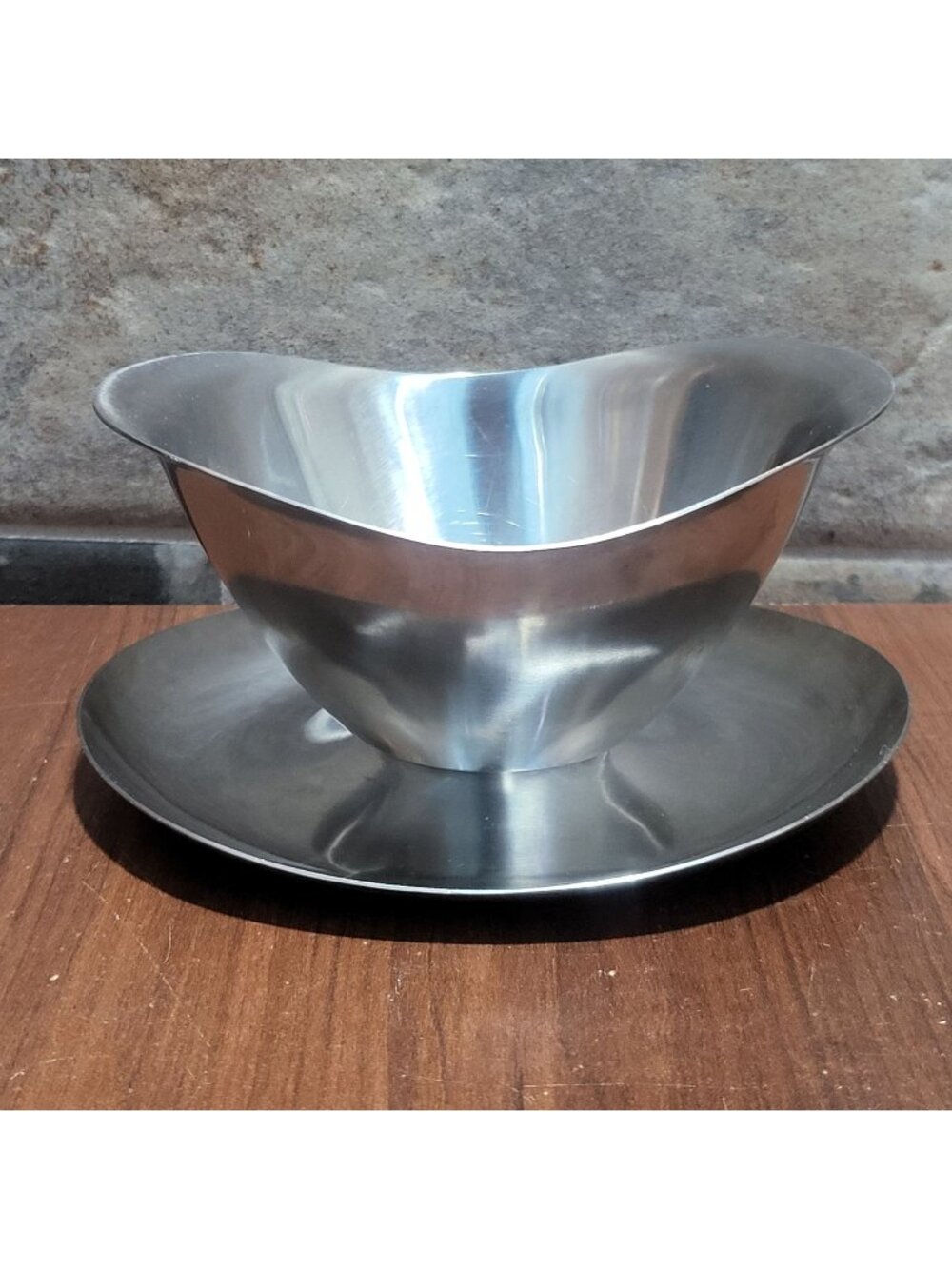 Vintage MCM Stainless Steel Dolphin Gravy Boat and Underplate 18-8 Japan Stamp